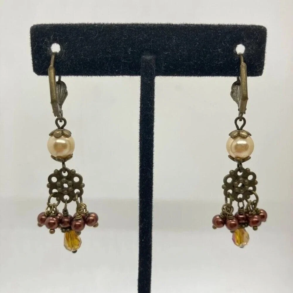 Vintage Style Dangle Earrings Pearl Bronze Brown Amber Leverback Fashion Jewelry